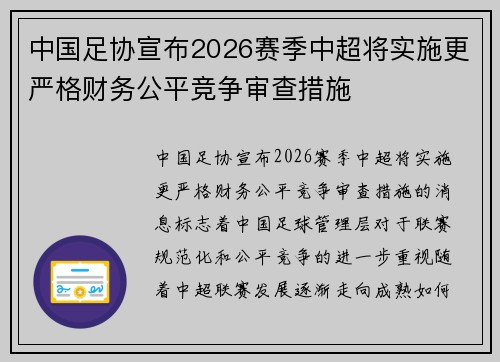 中国足协宣布2026赛季中超将实施更严格财务公平竞争审查措施 中国足协宣布2026赛季中超将实施更严格财务公平竞争审查措施